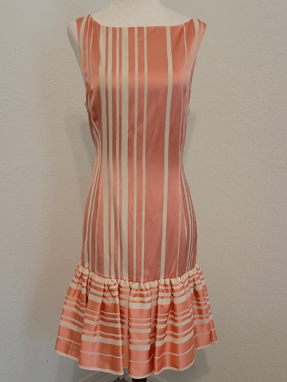 Trina Turk Coral and Cream Striped Ruffle-Hem Midi Dress